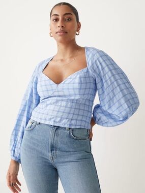 NWT & Other Stories Puff Sleeve Blouse, Blue Checks, Size 2